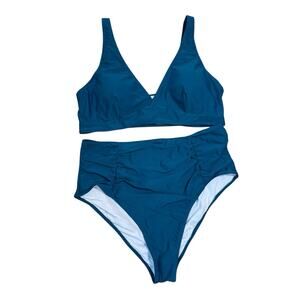Women's Bikini Set Two Piece Swimsuit High Waisted V Neck Ruched Blue 4XL